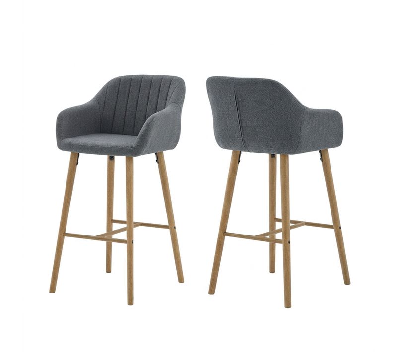 Lot De 2 Chaises De Bar, Siège 75 Cm De Haut, Avec Accoudoirs, Pieds En Bois Massif, Gris