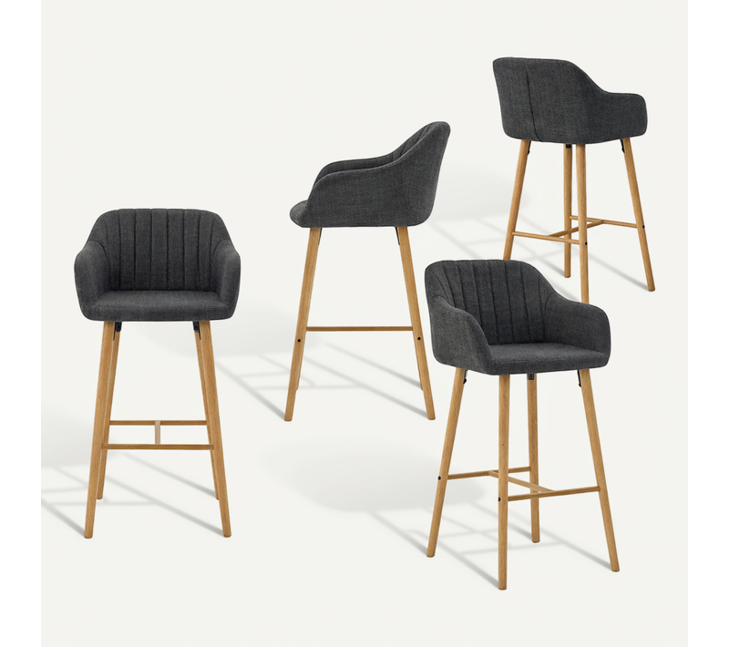 Lot De 4 Chaises De Bar, Siège 75 Cm De Haut, Avec Accoudoirs, Pieds En Bois Massif, Noir