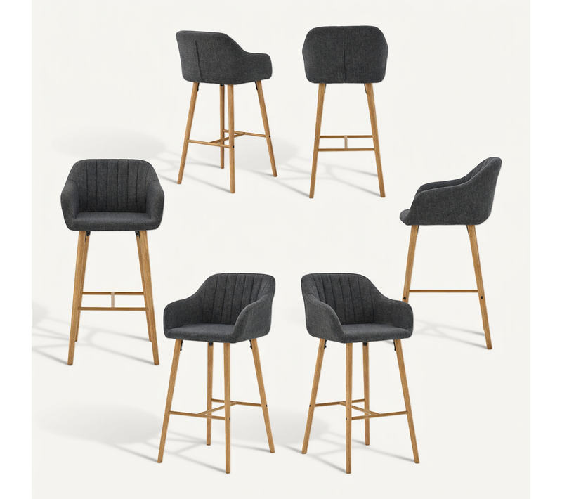 Lot De 6 Chaises De Bar, Siège 75 Cm De Haut, Avec Accoudoirs, Pieds En Bois Massif, Noir