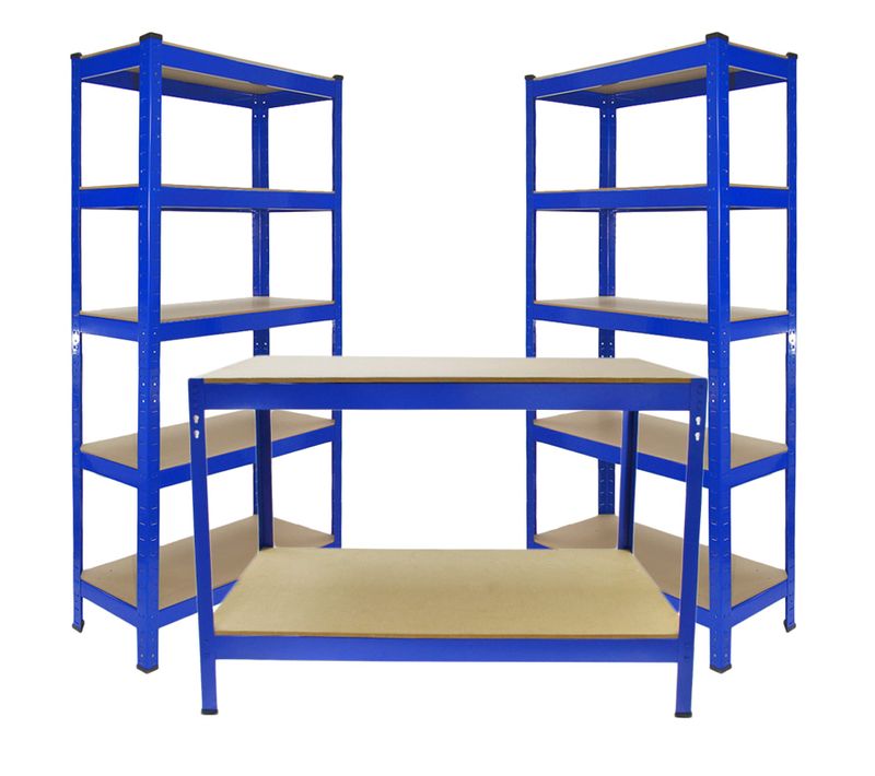 2 X Rayonnage T-rax 90cm Bleu et Etabli De Travail Q-rax Bleu 120 Cm Acier Garage