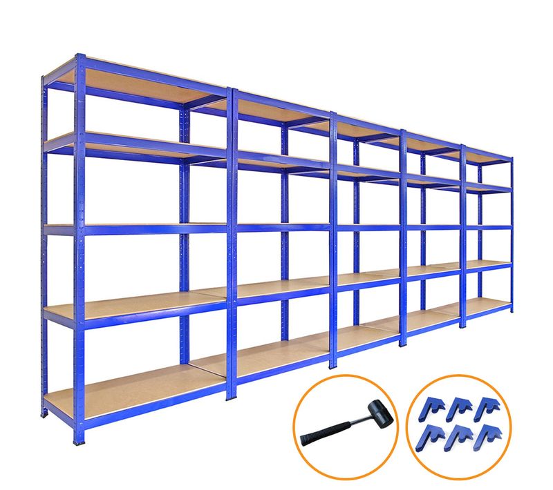 5 Rayonnages T-rax Acier Sans Boulons Bleus 90cm X 45cm X 180cm Capacité 4200kg
