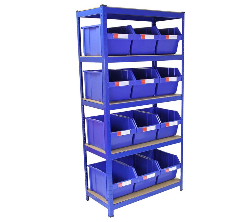 T-rax étagère Bleu 90cm et Bacs De Rangement Entrepôt Garage Sans Boulons