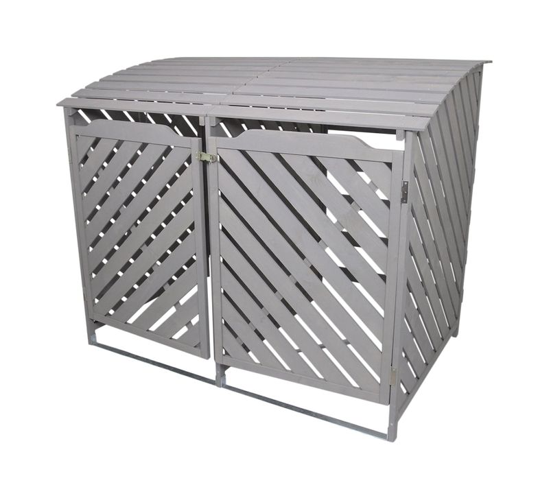 Cache Poubelle Double Poubelle Extérieur Bois De Sapin Rangement Gris Cérusé