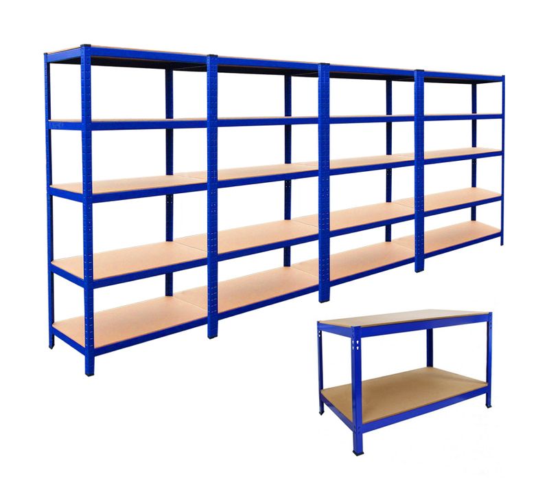 4 Etagères 1 établi Bricolage Rangement Acier Sans Boulons Rayonnage Garage Mdf