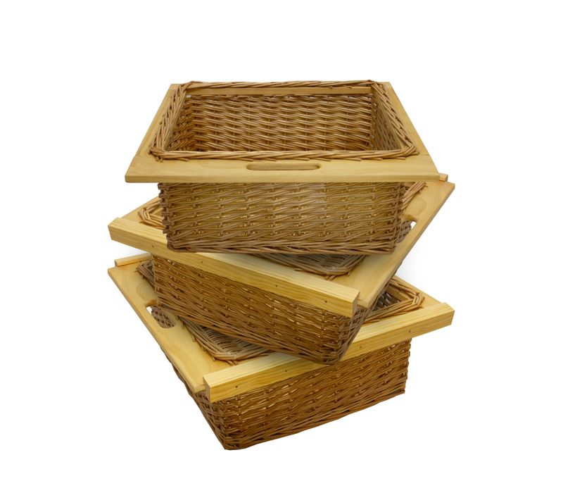 Lot De 3 Paniers De Rangement 600 Mm / 60 Cm Coulissants En Pin Brun Solide