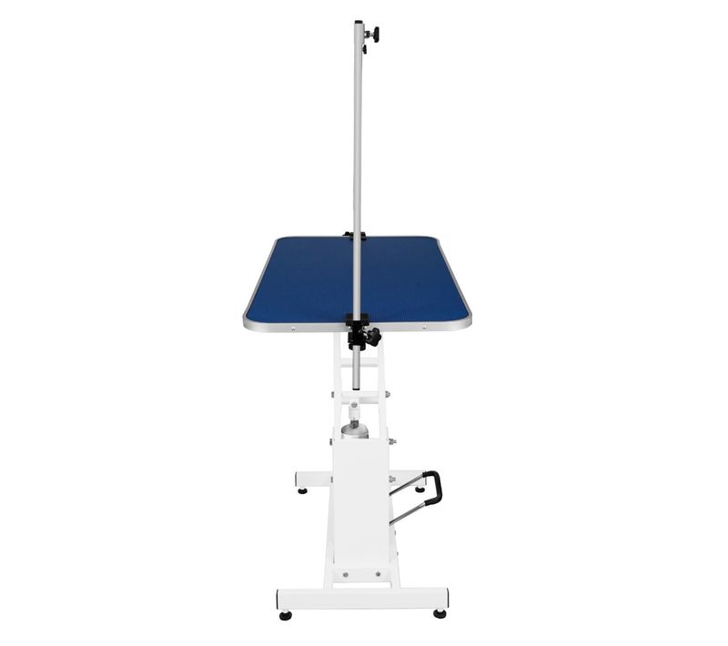 Table Toilettage Hydraulique Cadre Acier Blanc et Plateau Antidérapant Bleu