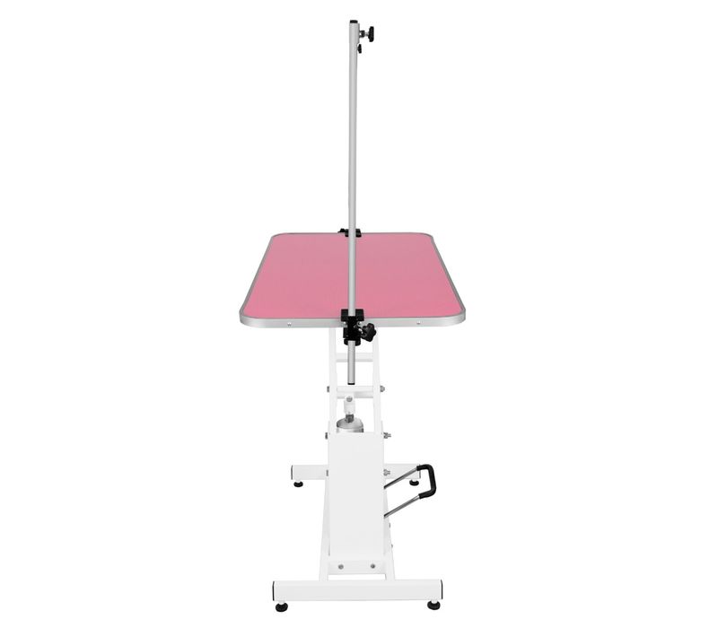 Table Toilettage Hydraulique - Cadre Acier Blanc Robuste et Plateau Rose