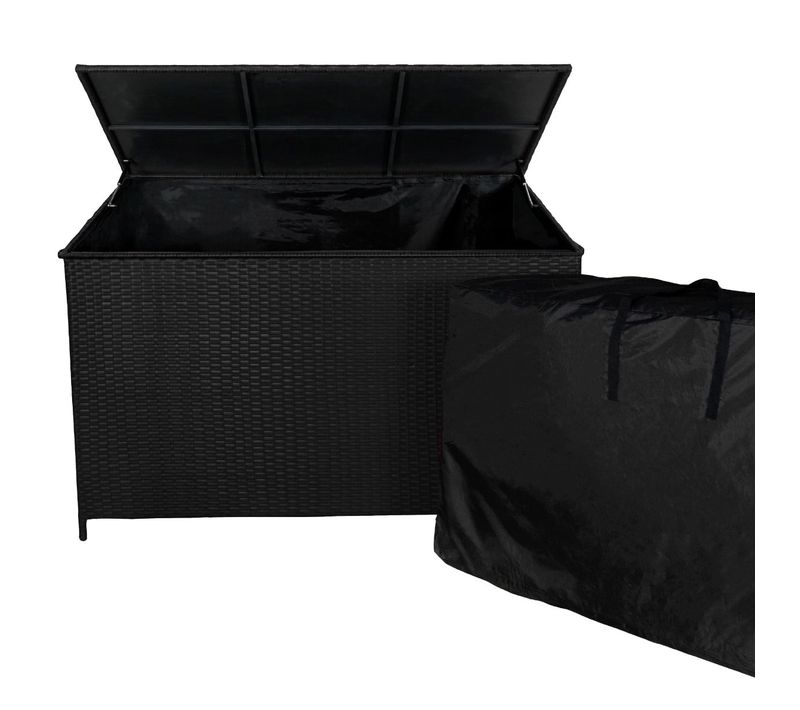 Coffre De Rangement Noir En Rotin Extérieur Pour Coussins - 582l 80x138x70cm
