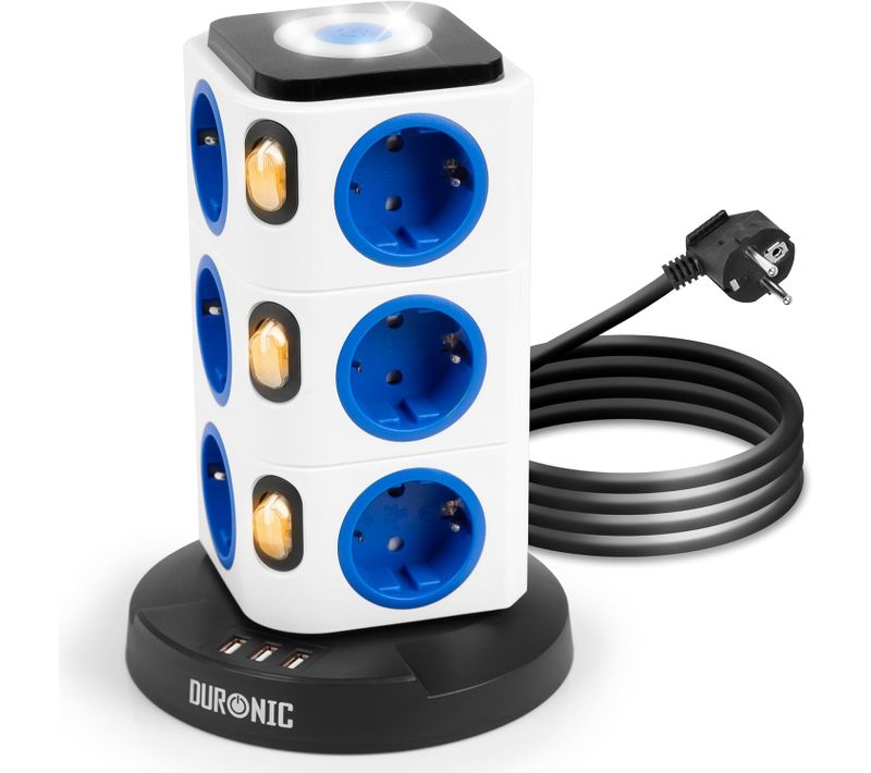 Tour Multiprise 12 Prises 3 Ports USB-a Veilleuse Tactile Parasurtenseur Câble 1,8 M Duronic Et12l
