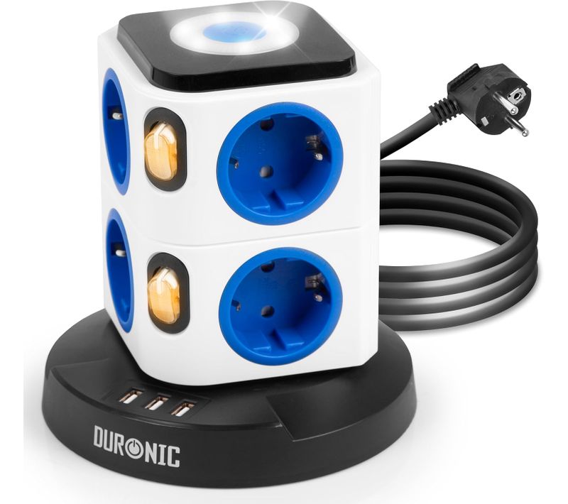 Tour Multiprise 8 Prises 3 Ports USB-a Veilleuse Tactile Parasurtenseur Câble De 1,8 M Duronic Et8l
