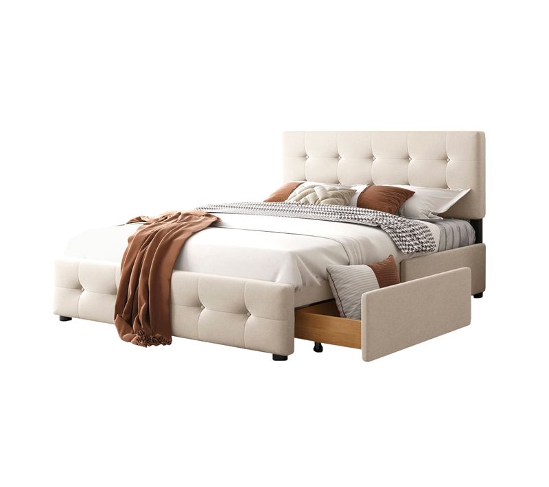 Lit 4 Tiroirs 140 X 200 Cm Beige Avec Tête De Lit Et Sommier