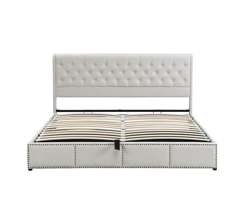 Lit Rembourré Coffre 140x200 Cm En Gris Pu Avec Tête De Lit Et Sommier