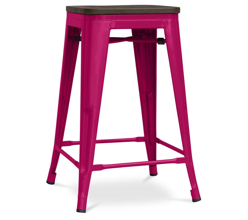 Tabouret De Bar - Design Industriel - Bois Et Acier - 60cm -metalix Fuchsia