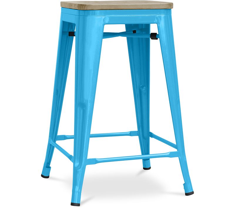 Tabouret Bistrot Metalix - 61 Cm - Métal Et Bois Clair Turquoise