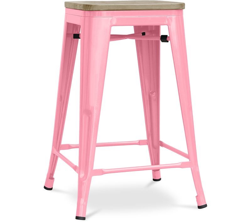 Tabouret Style Bistrot Metalix - 61 Cm - Métal Et Bois Clair Rose