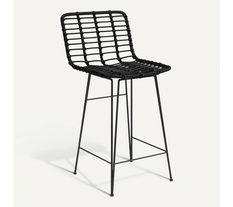 Tabouret De Bar Design Boho Bali En Osier Synthétique 65cm - Kimi Noir