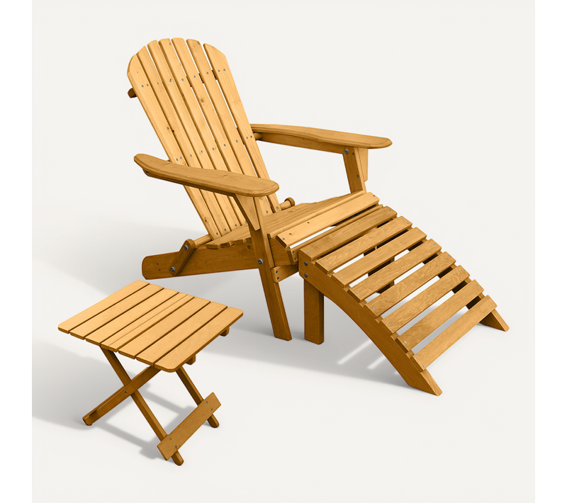 Adirondack Table De Jardin + Chaise Longue + Repose-pieds En Bois - Set - Anela Bois Naturel