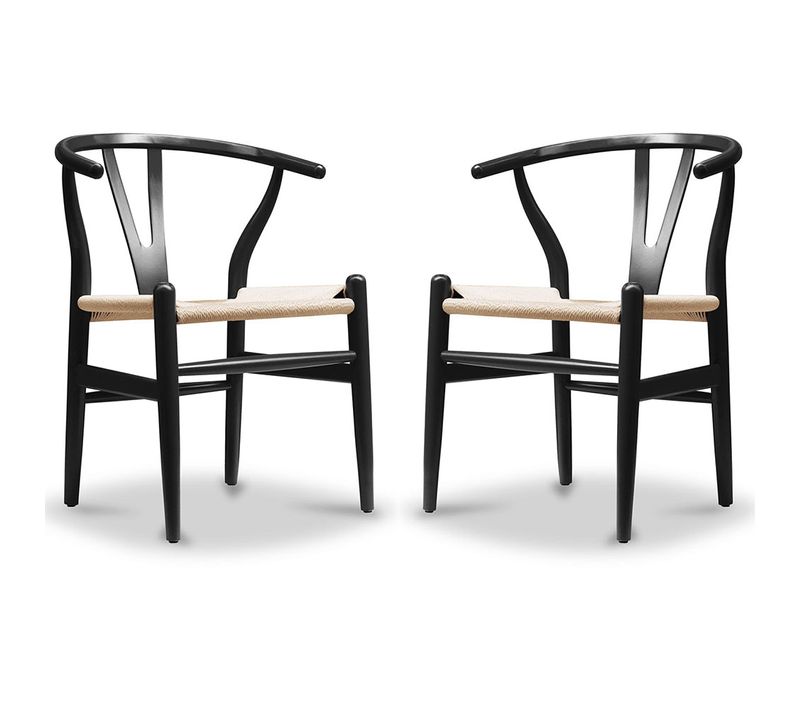 X2 Chaise De Salle à Manger Design Scandinave Bois Assise En Corde - Wish Noir