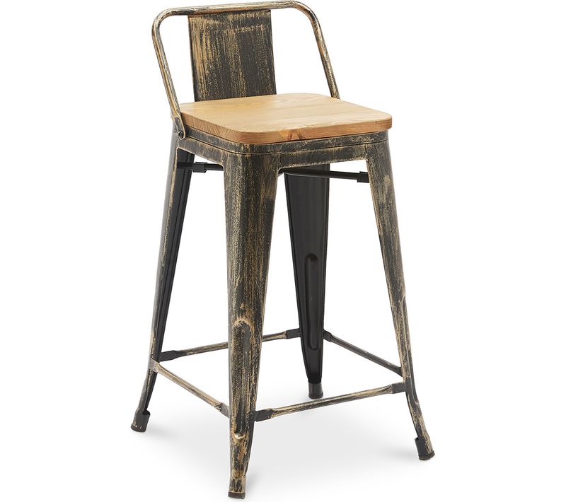 Tabouret De Bar Avec Dossier - Design - Bois Et Acier - 60cm - - Metalix Bronze Métallisé