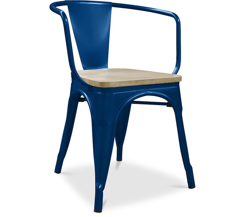 Chaise De Salle à Manger Avec Accoudoir Bistrot Metalix Design En Métal Et Bois Clair - Bleu Foncé