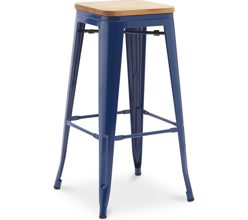 Tabouret De Bar - Design Industriel - Bois Et Acier - 76cm - - Metalix Bleu Foncé