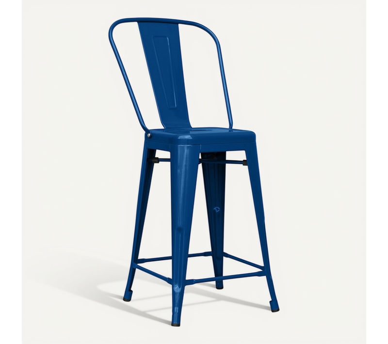 Tabouret De Bar Avec Dossier - Design Industriel - 60cm - Nouvelle édition - Metalix Bleu Foncé