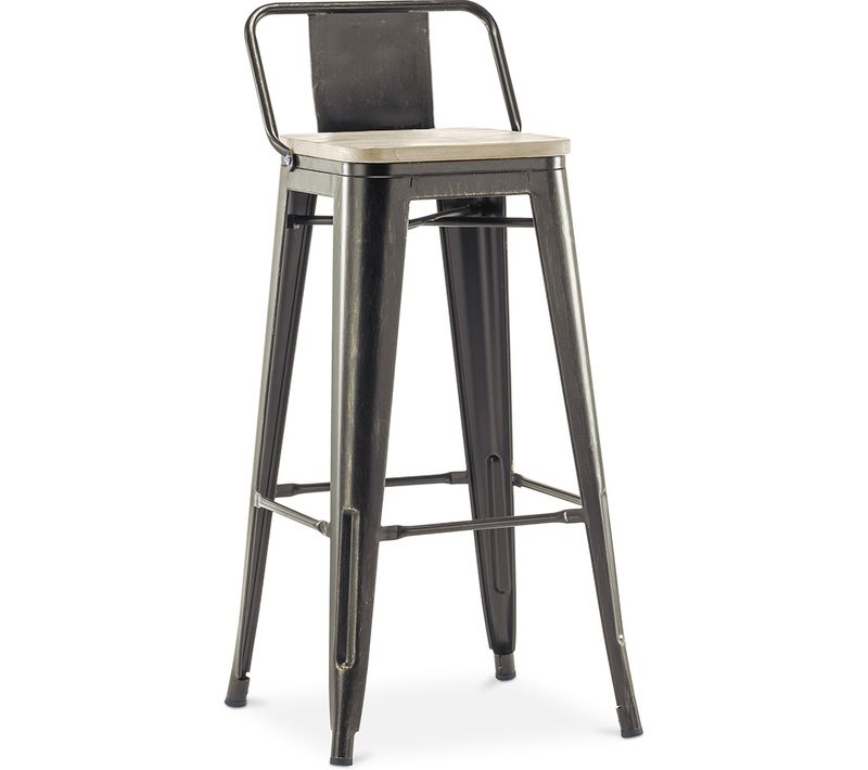 Tabouret De Bar Avec Dossier - Design - Bois Et Acier - 76cm - - Metalix Bronze Métallisé