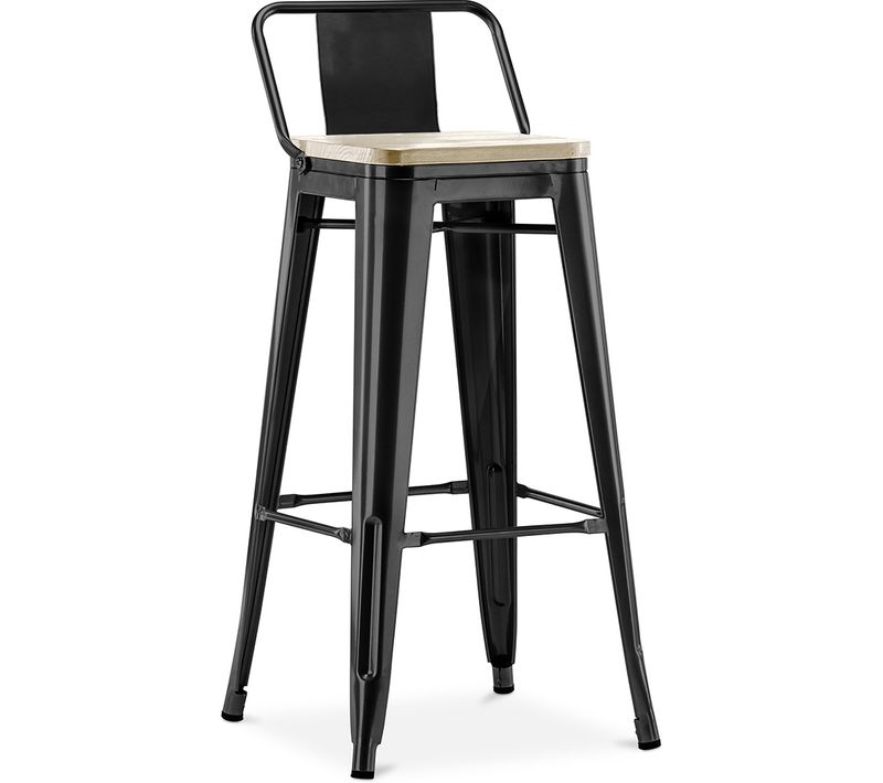 Tabouret De Bar Avec Dossier - Design - Bois Et Acier - 76cm - - Metalix Noir