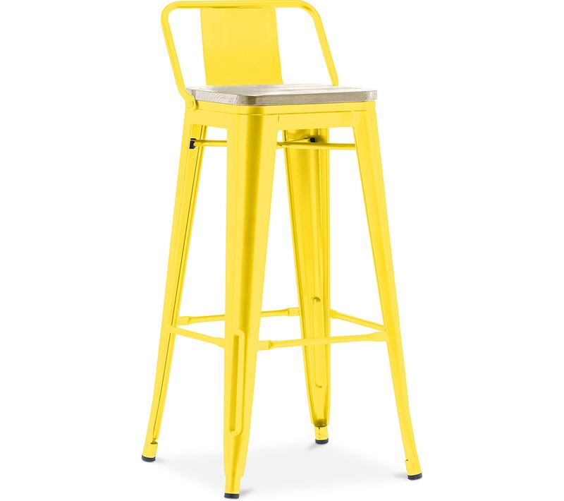 Tabouret De Bar Avec Dossier - Design - Bois Et Acier - 76cm - - Metalix Jaune
