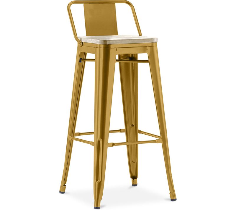Tabouret De Bar Avec Dossier - Design - Bois Et Acier - 76cm - - Metalix Doré