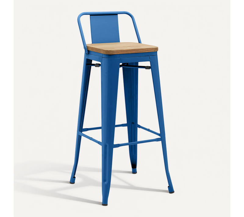 Tabouret De Bar Avec Dossier - Design - Bois Et Acier - 76cm - - Metalix Bleu Foncé