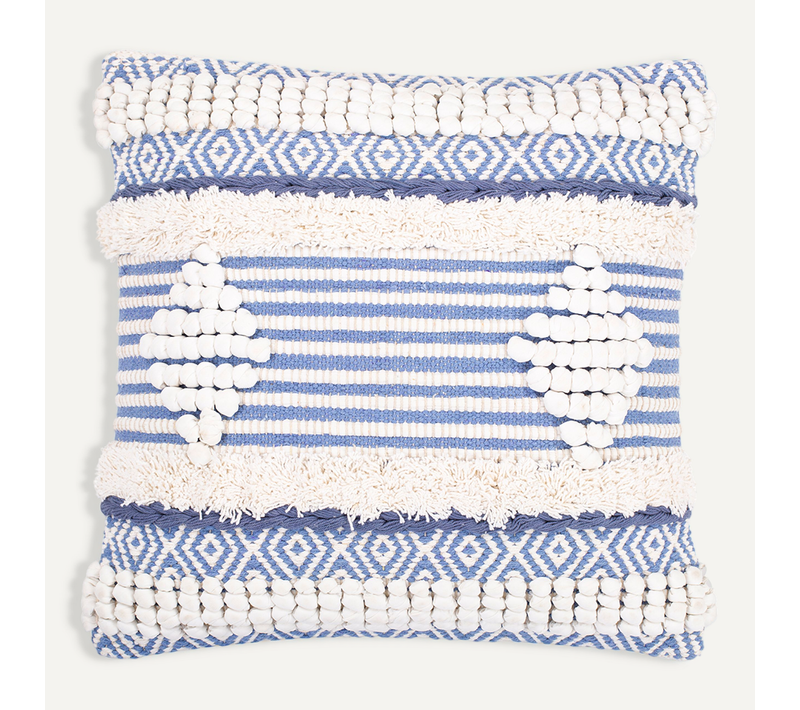 Coussin Carré Design Boho Bali En Coton Housse + Remplissage - Luna Bleu