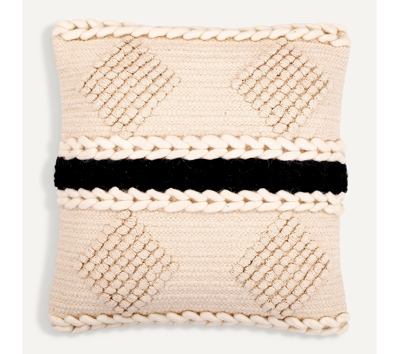 Coussin Carré Design Boho Bali En Coton Et Laine Housse + Remplissage - Minerva Noir