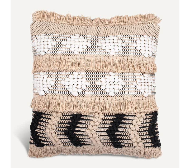 Coussin Carré Design Boho Bali En Coton Housse + Remplissage - Wenda Noir