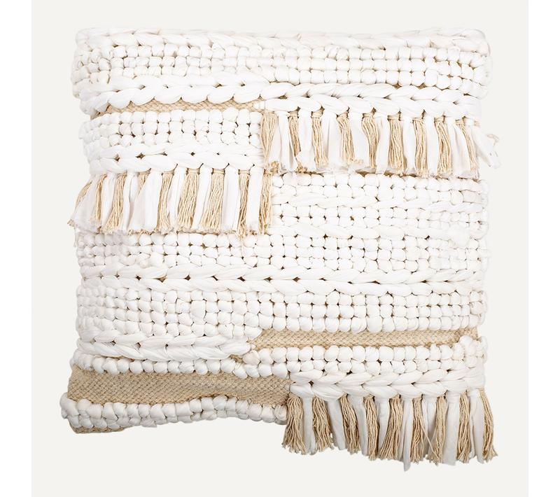 Coussin Carré Design Boho Bali En Fil Recyclé Housse + Remplissage - Chloe Blanc