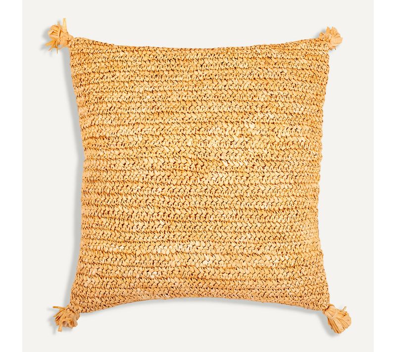 Coussin Carré Design Boho Bali, En Raphia Housse + Remplissage - Carol Crème
