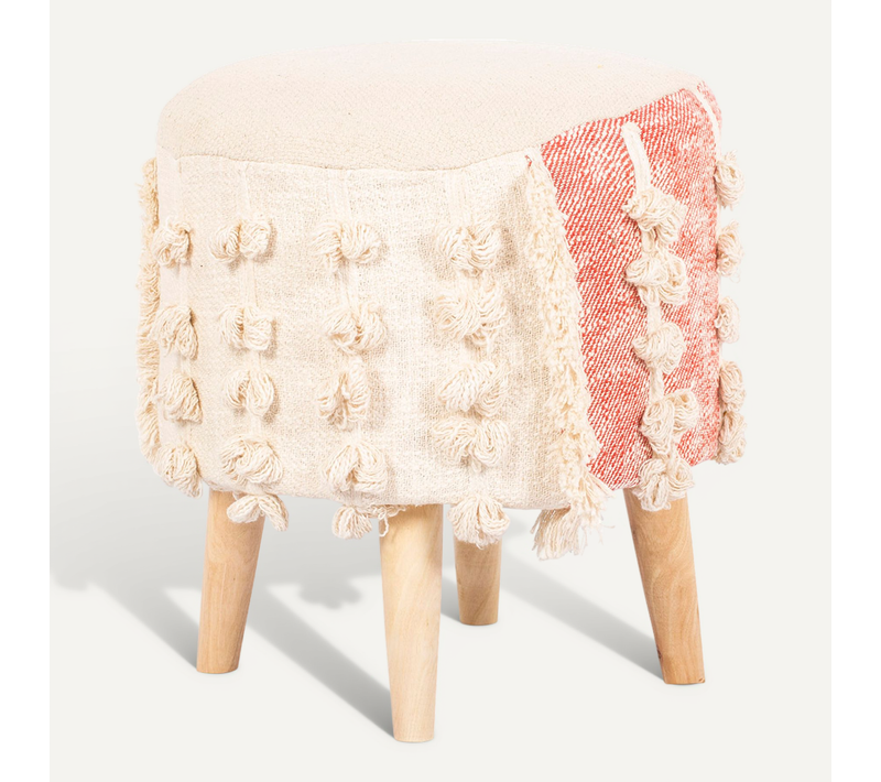 Tabouret Boho Bali Design En Bois De Pin, Coton - Vanessa Bali Beige