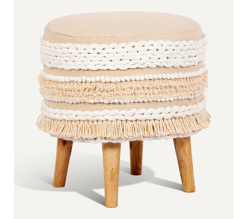 Tabouret Boho Bali Design En Bois De Pin, Coton - Isabella Bali Ivoire