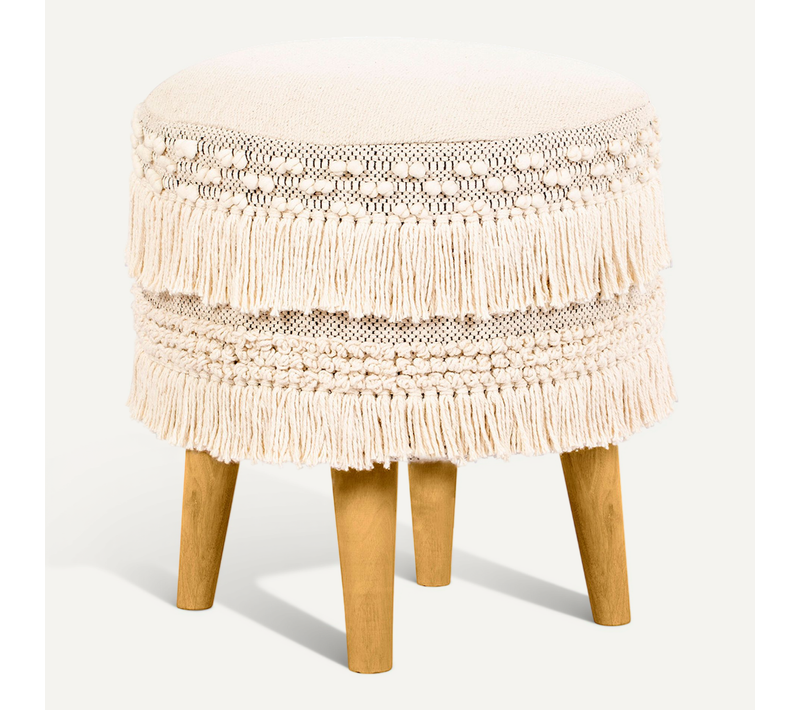 Tabouret Boho Bali Design En Bois De Pin, Coton - Gwinnett Bali Crème