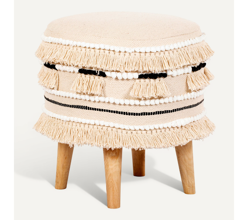 Tabouret Boho Bali Design En Bois De Pin, Coton - Jessie Bali Crème