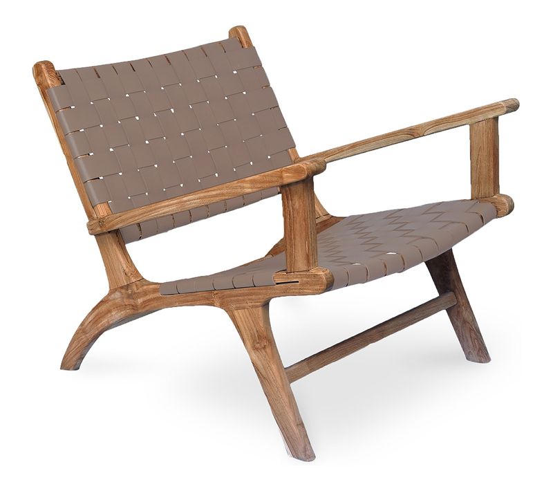 Fauteuil De Salon Avec Accoudoirs - Design Boho Bali - Bois Et Cuir - Grau Marron