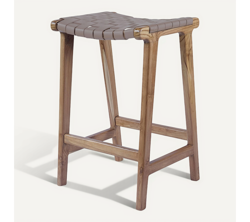 Tabouret De Bar Design Boho Bali - 67 Cm - Cuir Et Bois - Sophie Marron