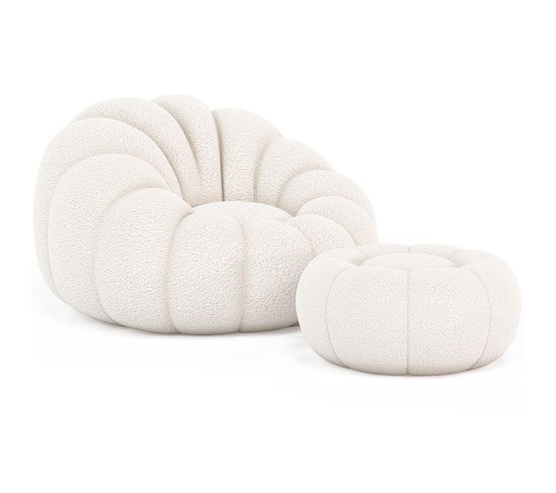 Fauteuil Pouf En Bouclette Fausse Fourrure Tapissée - Boucles Blanches - Calera Blanc