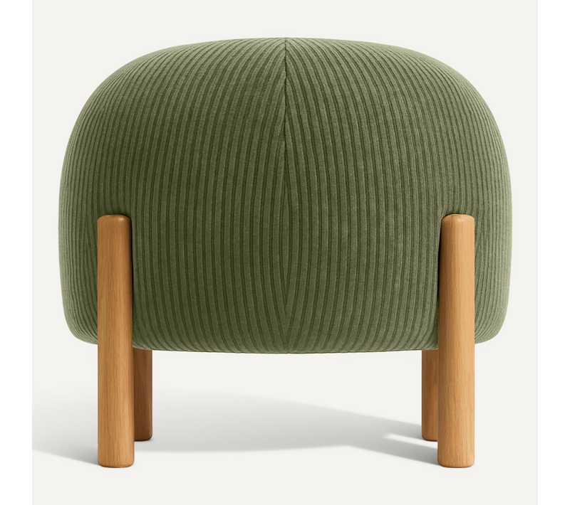 Pouf Rond Tapissé En Velours Côtelé Avec Pieds En Bois Naturel - Merv Olive