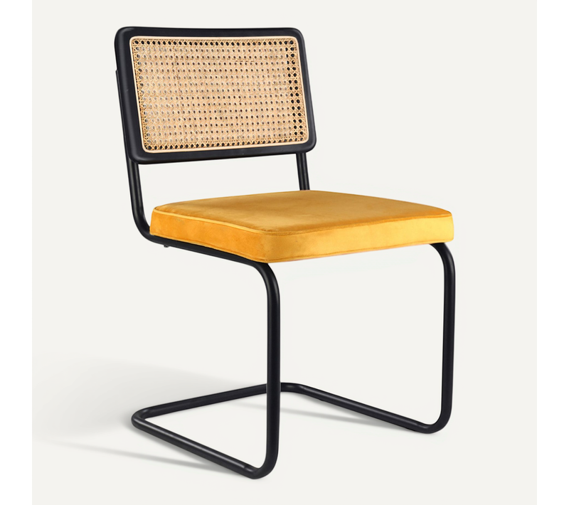 Chaise De Salle à Manger - Tapissée En Velours - Bois Et Rotin - New Edition - Nema Moutarde