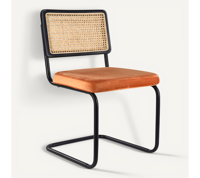 Chaise De Salle à Manger - Tapissée En Velours - Bois Et Rotin - New Edition - Nema Orange Rougeâtre
