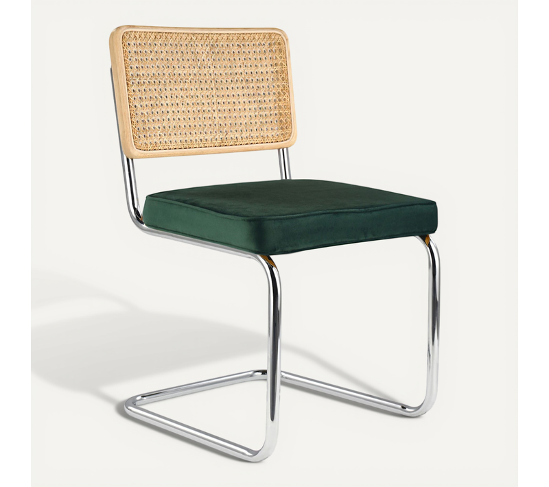 Chaise De Salle à Manger - Tapissée De Velours - Bois Et Rotin - New Edition - Wanda Vert Foncé