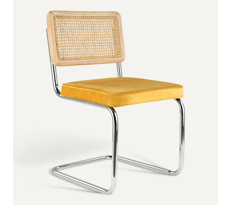 Chaise De Salle à Manger - Tapissée De Velours - Bois Et Rotin - New Edition - Wanda Moutarde