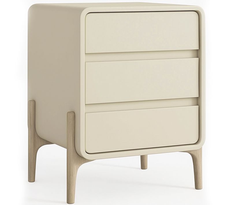 Table De Chevet Scandi Moderne Recouverte De Simili Avec 3 Tiroirs Et Pieds En Bois Naturel