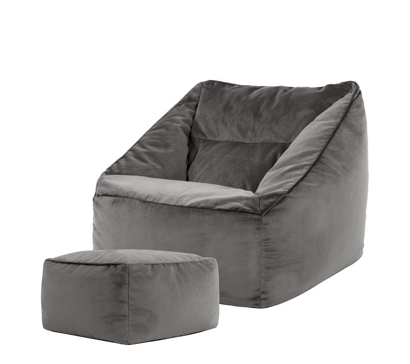 Pouf Fauteuil Natalia Avec Repose-pied Carré Velours Gris Anthracite, 88 X 100cm
